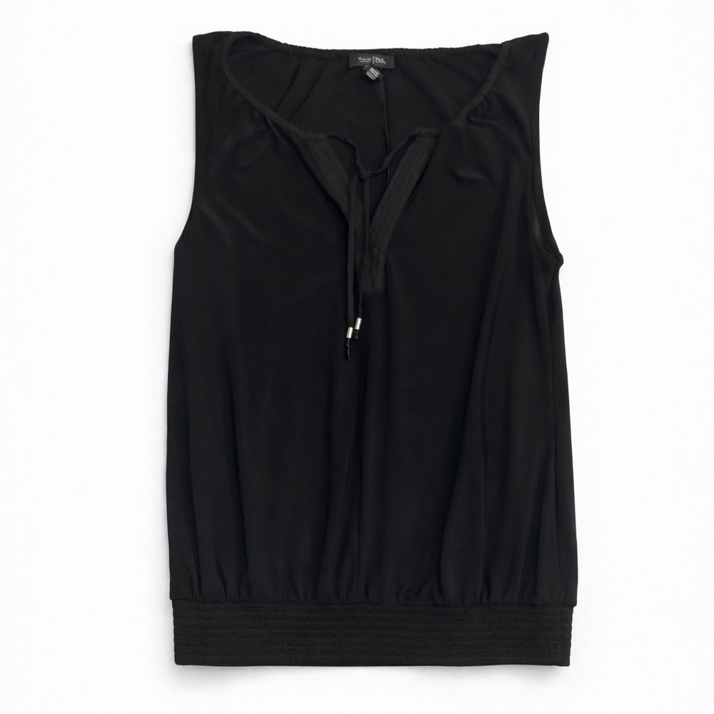White House Black Market Black Sleeveless Blouse w/ Tassel Tie Elastic Hem S